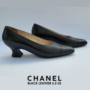 CHANEL Classic black leather CHANEL low heels with cap toe US 6.5
